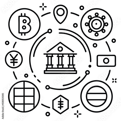 Fintech icons bank bitcoin currency location money vector
