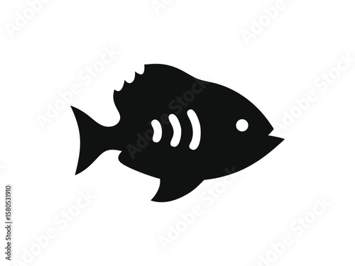Stylized black and white illustration of a tilapia fish aquatic animal, wildlif,e nature, graphic design