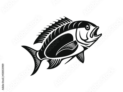 Stylized black and white illustration of a tilapia fish aquatic animal, wildlif,e nature, graphic design
