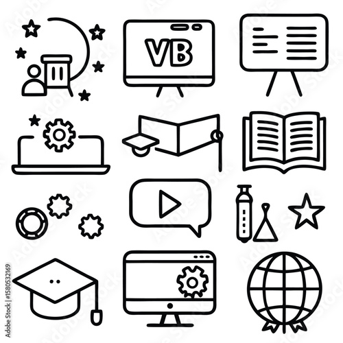 Online education icons graduation cap computer book video play button globe online learning