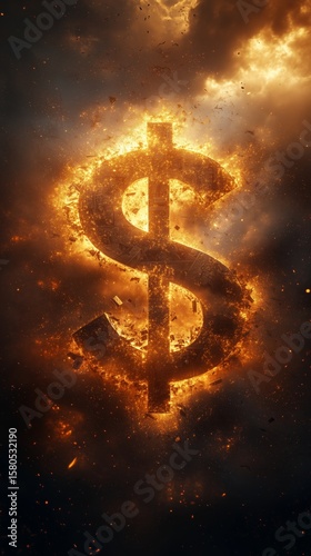 Crumbling economy concept, giant dollar sign breaking apart, stormy sky in the background