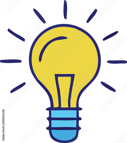 A simple hand drawn illustration of a bright yellow light bulb with blue outlines symbolizing a new idea or inspiration