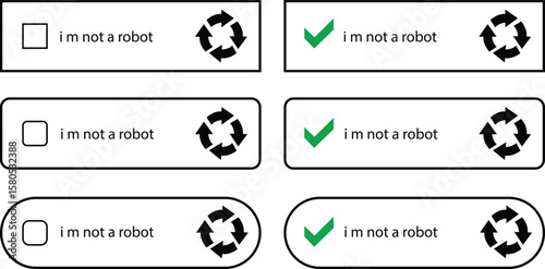 I'm not a robot CAPTCHA icons set outline, , and colorful vector styles. Verification button group, security check collection, human validation, web form, and login symbols