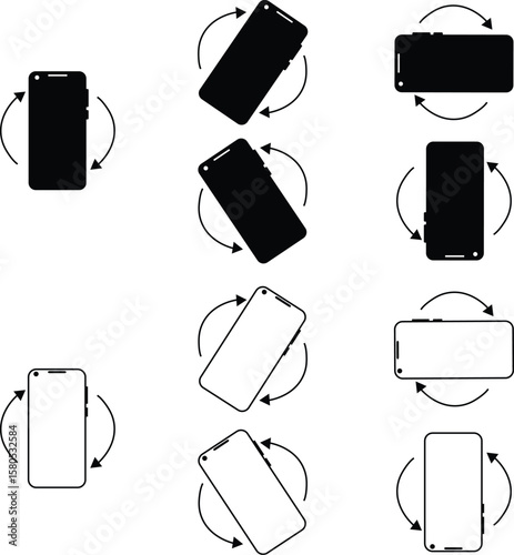 Mobile rotation symbols set in flat, outline, solid, and minimalist vector styles. Smartphone rotate group, phone orientation change collection, landscape portrait flip, and device turn icons