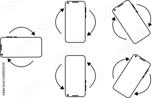 Mobile rotation symbols set in, outline, and minimalist vector styles. Smartphone rotate group, phone orientation change collection, landscape portrait flip, and device turn icons