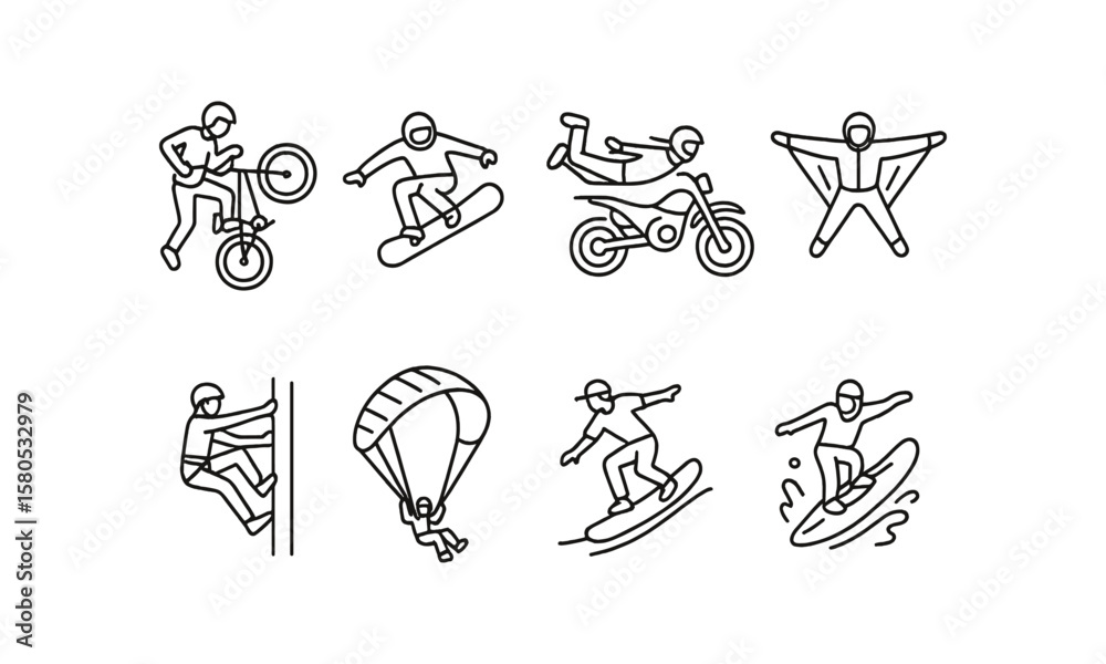 Fototapeta premium Adventure sports linear icon set. cycling, snowboarding, surfing, and paragliding icons