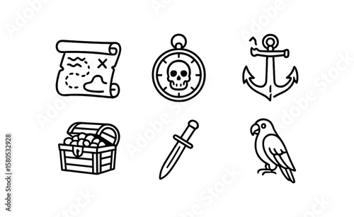 Pirate treasure linear icon set. adventure, ocean journey icons line collection