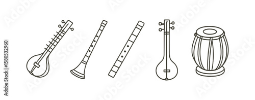 Indian musical instruments outline icon set. classical and traditional music symbols