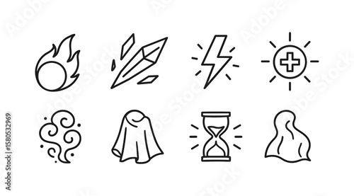 Magic and fantasy icon set. mystical elements, potions, and wizards linear collection