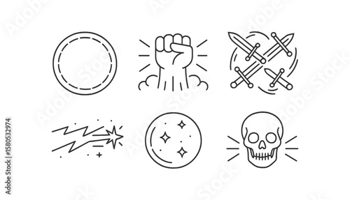Medieval weapons and armor outline icon set. swords, shields, and fists collection