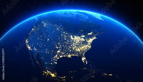 North American Night Lights From Space: Illuminated Cities and Dark Blue Background