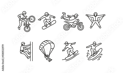 Adventure sports linear icon set. cycling, snowboarding, surfing, and paragliding icons