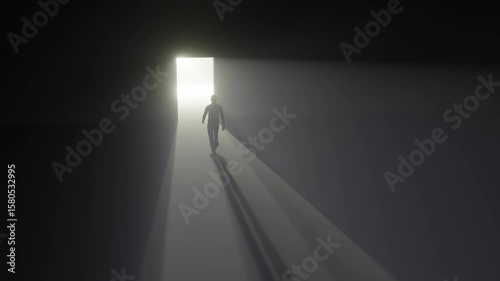Man walks through a door into the light