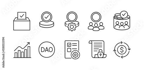 Voting and dao outline icon set. blockchain, election, governance, linear collection