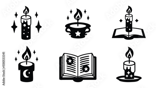Illustration of six candles with flames and books in a magical or mystical style design set up nicely