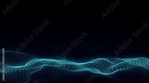 Dark cyberspace in digital background. Abstract technology blue wave with motion glowing dots and lines. Connection big data. Futuristic wireframe texture. Analysis network connection. 3D rendering.