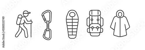 Camping, hiking outline icon set. adventurous outdoor equipment icons collection