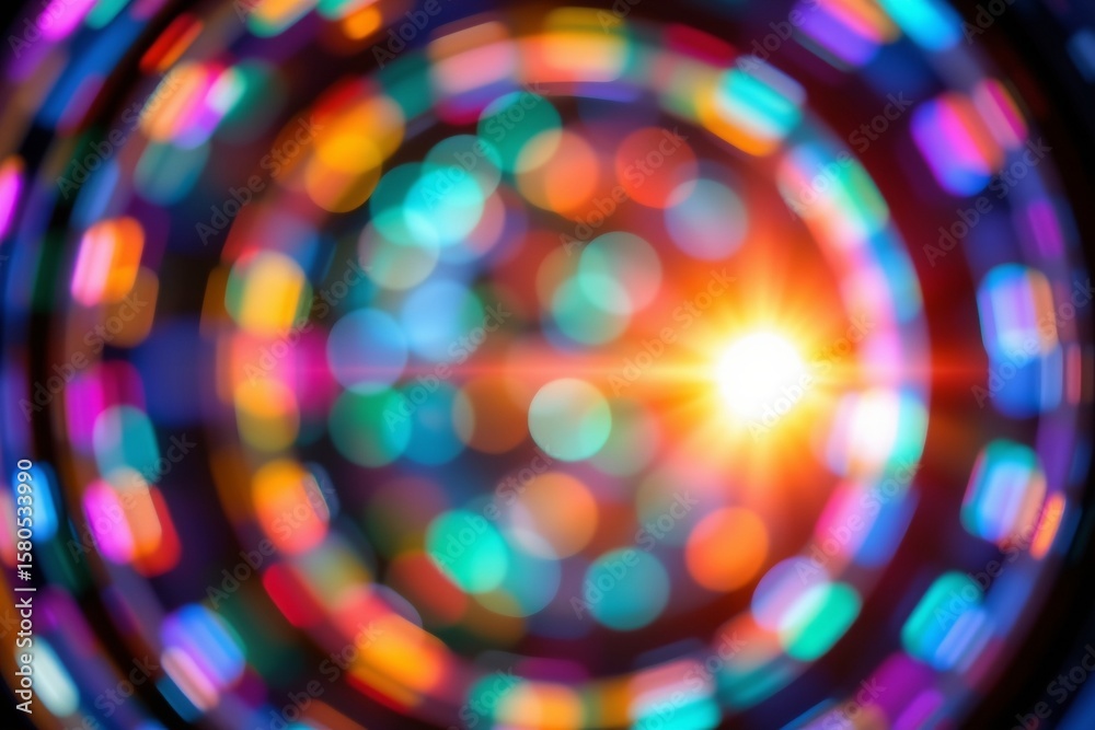 Naklejka premium An abstract circular image with vibrant bokeh from a party light, place the subject on the right side of the position under noon sunlight