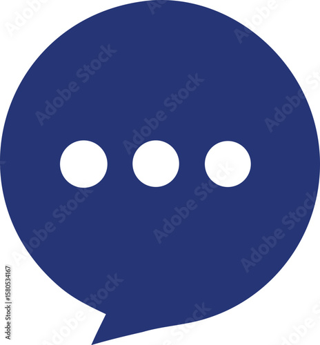 A simple dark blue speech bubble icon with three white dots inside representing an ongoing conversation or thinking process