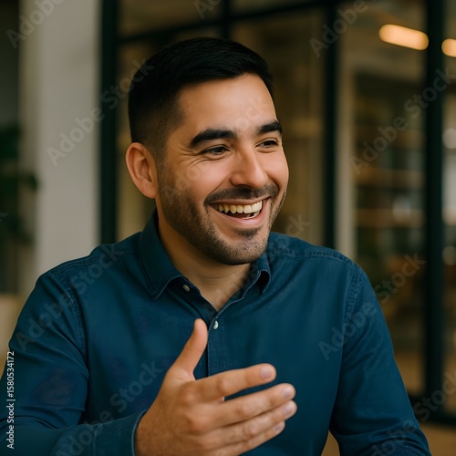 Hombre hispano sonriendo mientras conversa en una oficina moderna
