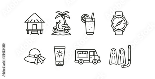 Travel and tourism outline icon set: vacation, adventure, exploration in line style