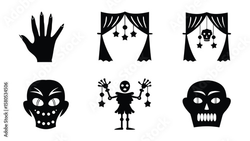 Black halloween themed icons featuring a witch hand, curtains, skulls, and a skeleton figure