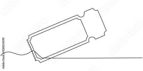 Ticket Single Line Icon, Continuous one line drawing cinema ticket. Vintage cinema ticket isolated on a white background. Vector illustration, Single continuous line drawing of tickets. one line draw 