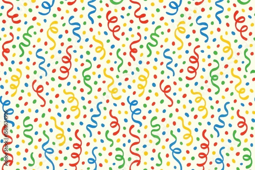 Festive Confetti Pattern with Colorful Circles, Stripes, and Spirals