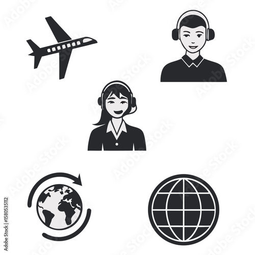 Airplane and People with Headphones and Globes Icons