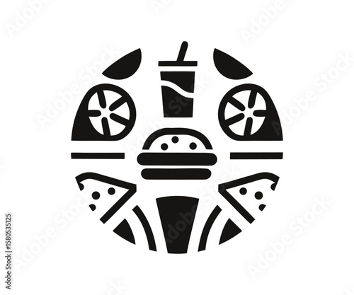 Fast Food Meal Black Solid Icon: Burger, Pizza, Drink & Fries Circle Design