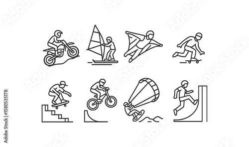 Extreme sports line icon set. adventure, skateboarding, biking, paragliding outlines
