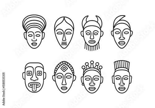 African tribe masks icon set. unique cultural masks, decorative outline icons collection