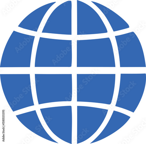 Stylized blue globe icon with intersecting white lines representing continents and meridians on a clean white background