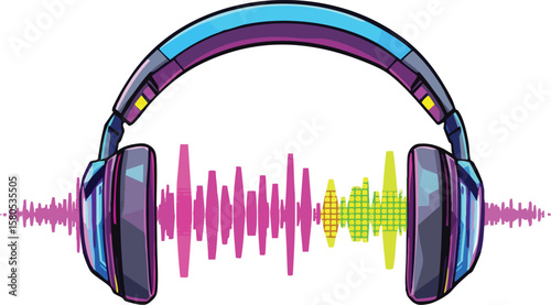 Colorful illustration of headphones emitting vibrant sound waves in a digital audio representation.