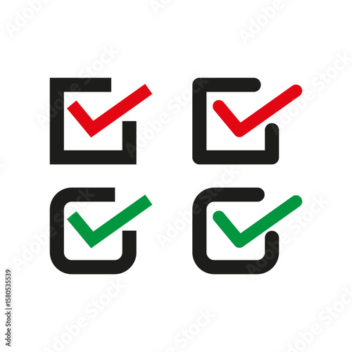 Checkbox tick icons. Minimal square marks. Red green choices. Vector approval set.