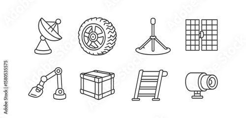 Space exploration linear icon set. satellite, telescope, robotics line style
