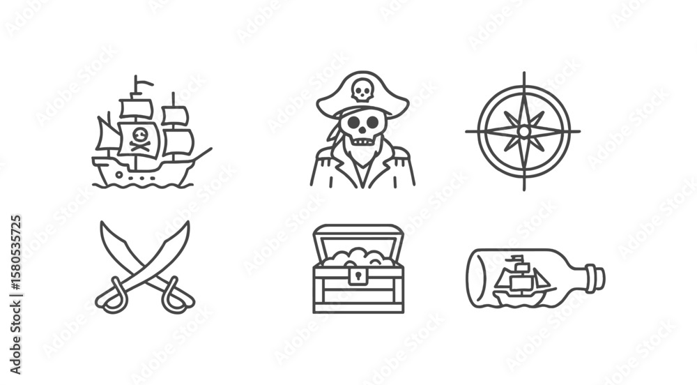 Obraz premium Pirate adventure icon set. nautical, treasure, exploration icons in outline style