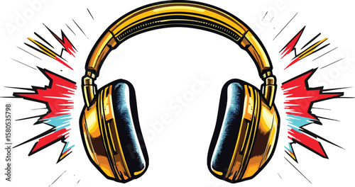 Gold headphones with sound effects vector illustration for music listening and audio design.