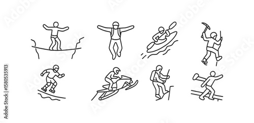 Adventure sports outline icon set. hiking, skiing, climbing, surfing illustrations