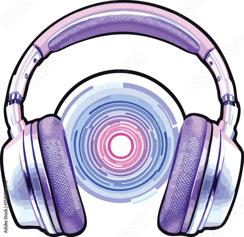 Stylish purple headphones surrounded by abstract sound waves on a white background.