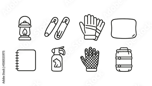 Camping outline icon set. essential outdoor, adventure and gear symbols in outline style