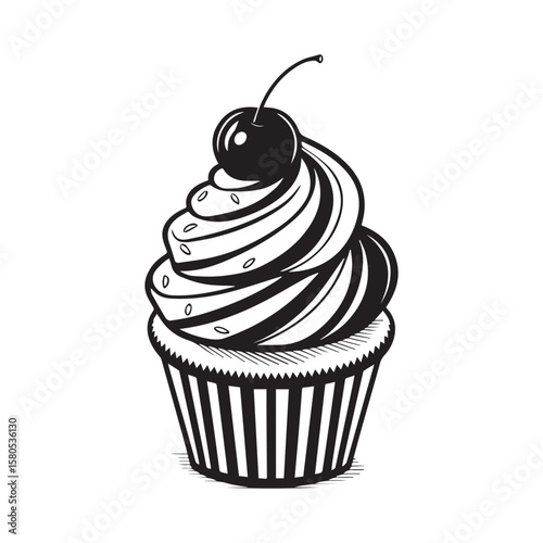 Black and white cupcake with cherry and sprinkles dessert