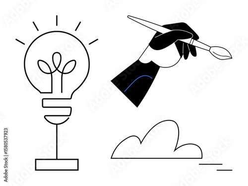 Lightbulb symbolizing creativity, hand holding a paintbrush, and abstract shapes. Ideal for innovation, art, design, inspiration, imagination brainstorming originality themes. Minimalist flat