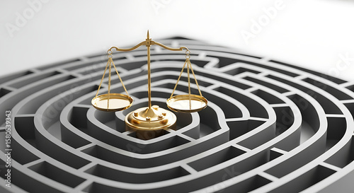 A golden scale of justice resting within a complex maze.