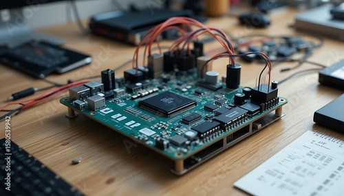 Analyzing Complex Circuit Board with Components and Wiring on Work Surface