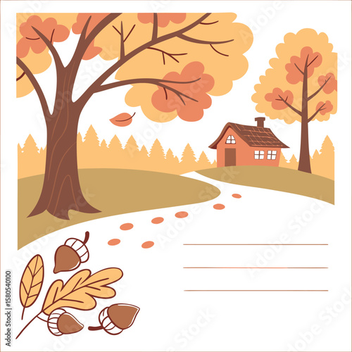 Illustration of a jacket, hat with scarf, pumpkin and leaves symbolizing the autumn season theme