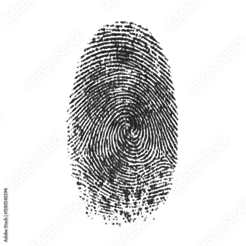 A detailed black fingerprint showcasing its unique whorl patterns, presented in isolation against a clean white backdrop isolated on transparent background