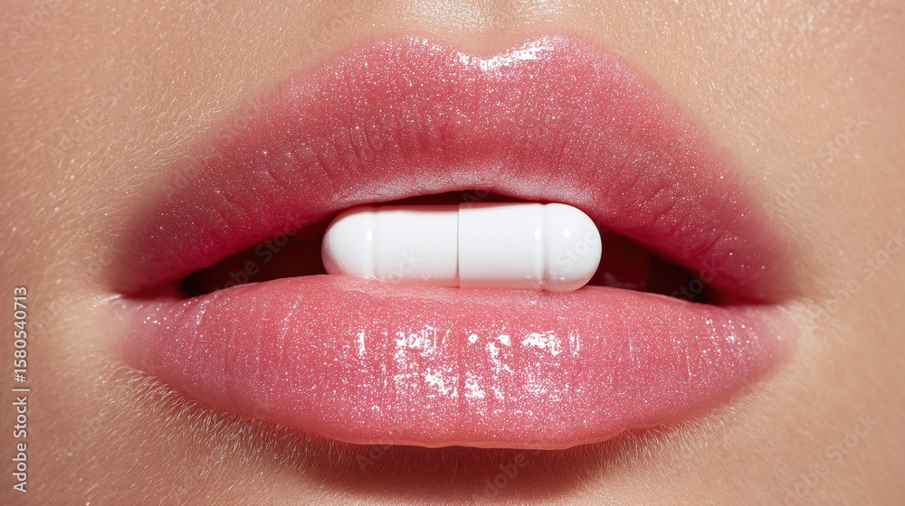 Naklejka premium Woman lips holding white pill capsule medication healthcare supplement beauty treatment concept