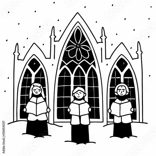 black and white choir singing in front of church clip art preview