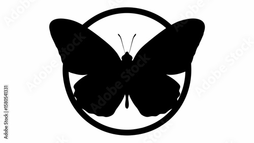 Silhouette of a butterfly with wide wings inside a thick circular border on a white background image view